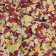 Flocons colorés de nourriture pour animaux en rouge, jaune et blanc, éparpillés sur une surface, montrant une variété de textures.