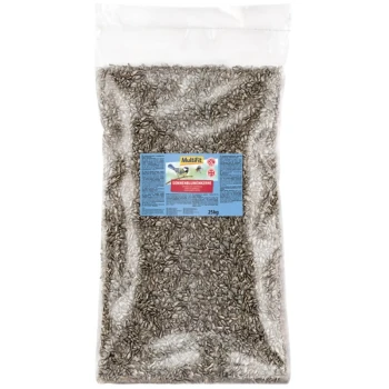 Een doorzichtige plastic zak gevuld met zonnebloempitten, gelabeld 'MultiFit Sonnenblumenkerne' met een gewicht van 25kg.