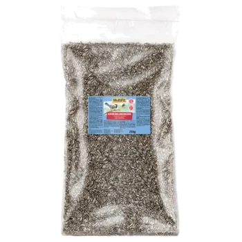 Eine durchsichtige Plastiktüte gefüllt mit Sonnenblumenkernen, beschriftet mit "MultiFit Sonnenblumenkerne" und einem Gewicht von 25 kg.