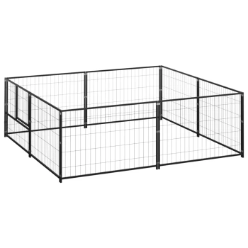 Schwarzer Metall-Haustierspielplatz mit rechteckiger Form, mit einer Tür und einem Gitterdesign für Sichtbarkeit und Belüftung.
