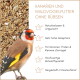 Stieglitz auf Samen mit deutschem Text 'KANARIEN UND WALDVOGELFUTTER OHNE RÜBSEN' — naturbelassen, für Kanarienvögel und Finken, Deutschland