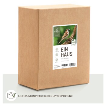 Kartonbox mit der Aufschrift "Ein Haus für Spatzen", die einen Spatz auf einem Ast zeigt, mit Symbolen für natürliche Materialien und Lieferdetails.