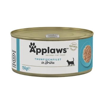 Boîte de nourriture naturelle pour chat Applaws, contenant un filet de thon dans un bouillon, 156g, avec une silhouette de chat et le texte "100% ingrédients naturels".