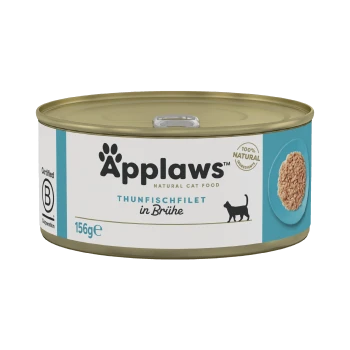 Applaws natürliche Katzenfutterdose, die Thunfischfilet in Brühe enthält, 156g, mit einer Katzensilhouette und dem Text '100% natürliche Zutaten.'