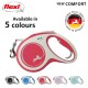 A red flexi dog leash labeled "NEW COMFORT" with a white handle, featuring a silhouette of a dog. Available in 5 colors.