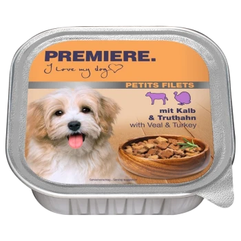 Un conteneur de nourriture pour animaux avec un chien heureux, étiqueté "PREMIERE. J'aime mon chien" et "PETITS FILETS mit Kalb & Truthahn."