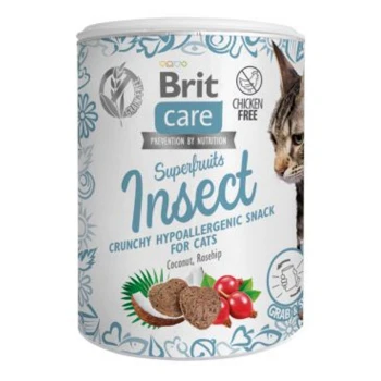 Pojemnik Brit Care Superfruits Insect, chrupiąca hipoalergiczna przekąska dla kotów, z składnikami kokosowymi i dziką różą.