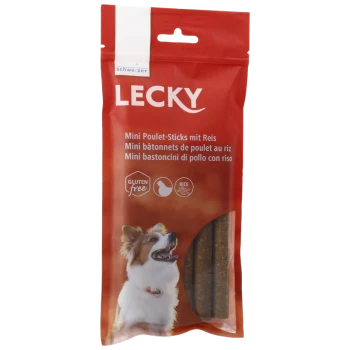 Eine rote Verpackung für Lecky Mini-Hühnchensticks mit Reis, mit einem glücklichen Hund auf der Vorderseite. Der Text enthält "Glutenfrei" und "Reis."