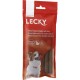 Eine rote Verpackung für Lecky Mini-Hühnchensticks mit Reis, mit einem glücklichen Hund auf der Vorderseite. Der Text enthält "Glutenfrei" und "Reis."