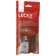 Un emballage rouge pour des bâtonnets de poulet mini Lecky avec du riz, présentant un chien heureux à l'avant. Le texte inclut 'Sans Gluten' et 'Riz.'