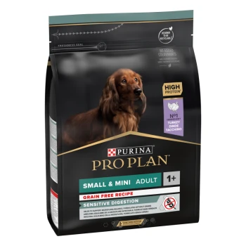 Small&Mini Adult Truthahn 2.5 kg Purina Pro Plan Small & Mini Adult Hundefutterbeutel, hochproteinhaltige Truthahnformel, getreidefrei, unterstützt empfindliche Verdauung.