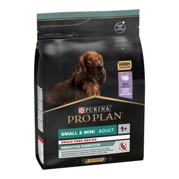 Sac de nourriture pour chiens Purina Pro Plan Small & Mini Adult, formule à base de dinde riche en protéines, sans céréales, soutient la digestion sensible.