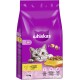 Whiskas Katzenfutterbeutel mit einer grauen getigerten Katze mit einem verspielten Ausdruck, beschriftet mit "7+" und "Mit saftigem Huhn" auf Deutsch, 1,9 kg.