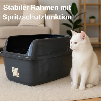 Weiße Katze neben dunkelgrauer Haubentoilette auf Teppich im Wohnzimmer; sichtbarer Text: 'Stabiler Rahmen mit Spritzschutzfunktion'