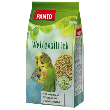 PANTO Wellensittichfutterpaket mit zwei bunten Wellensittichen, mit Details zu zugesetztem Jod, Vitaminen A, D, E und natürlichem Geschmack.