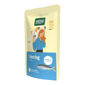 Green Petfood Katzenpâté-Beutel mit Hering; Kennzeichnungen: URIN-pH-KONTROLLE, zuckerfreie Rezeptur, Adult.