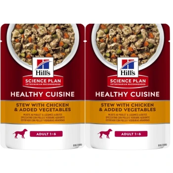 Zwei Beutel Hill's Science Plan Healthy Cuisine Hundefutter, mit Eintopf aus Hähnchen und zusätzlichen Gemüse, gekennzeichnet für erwachsene Hunde im Alter von 1-6 Jahren.