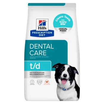 Zak Hill's Prescription Diet t/d Dental Care hondenvoer, 'Cleans Teeth With Every Bite', dierenarts aanbevolen; lachende hond.