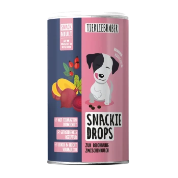 Behälter mit 'Snackie Drops' Haustierleckerlis, 250g, mit einem Pfotenabdruckdesign und dem Markennamen 'Tierliebhaber' deutlich sichtbar.