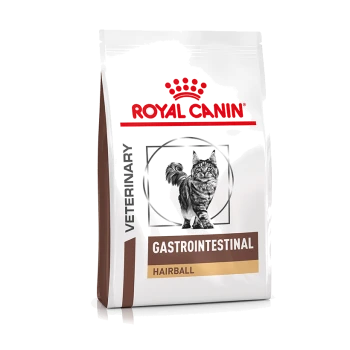 Royal Canin Veterinary Gastrointestinal Hairball Katzenfutterbeutel mit einem Bild einer grauen getigerten Katze, das die Kontrolle von Haarballen betont.