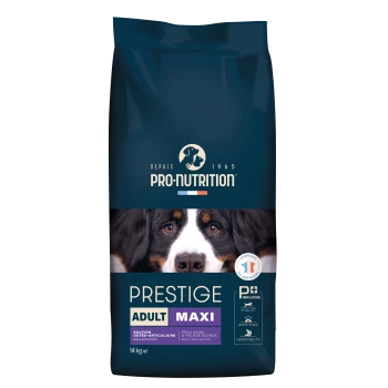 Blaue Pro-Nutrition Prestige Adult Maxi Hundefuttertüte mit Hundegesicht, 14 kg, beschriftet 'Pro-Nutrition' und 'Adult Maxi'.