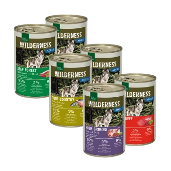 Sechs Dosen Wilderness-Haustierfutter für Erwachsene, mit Geschmacksrichtungen: Deep Forest, True Country, High Ground und Beef, jede mit 95% Fleischgehalt.