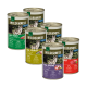 Sechs Dosen Wilderness-Haustierfutter für Erwachsene, mit Geschmacksrichtungen: Deep Forest, True Country, High Ground und Beef, jede mit 95% Fleischgehalt.
