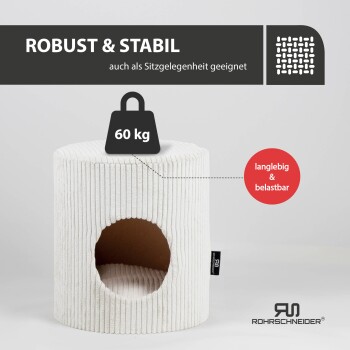 Ein stabiles, weißes Haustierhaus mit einem runden Eingang, beschriftet mit "ROBUST & STABIL" und einer Tragfähigkeit von 60 kg, als langlebig und tragfähig gekennzeichnet.