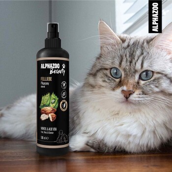 Eine flauschige grau-weiße Katze sitzt neben einer Flasche ALPHAZOO Beauty Haustierpflege-Spray, mit der Aufschrift 'Fellliebe' und Zutaten wie Mandel und Aloe Vera.