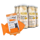 Ein Paket mit vier Flaschen Hühnergeschmack Katzenleckerlis, beschriftet mit "Huhn der Snack für jede Katze" neben einer orangefarbenen LickiMat für Katzen.