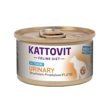 Kattovit Feline Diet Dosenkatzenfutter mit Thunfisch, beschriftet 'Harnwege' zur Struvitsteinprophylaxe (FLUTD).