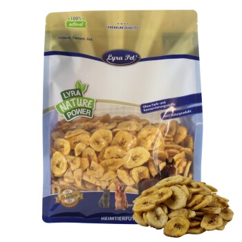 Tüte Lyra Pet Nature Power getrocknete Bananenscheiben für Haustiere, beschriftet mit 100% natürlich, ohne Farbstoffe oder Konservierungsmittel.