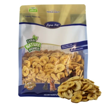 Tüte Lyra Pet Nature Power getrocknete Bananenscheiben für Haustiere, beschriftet mit 100% natürlich, ohne Farbstoffe oder Konservierungsmittel.