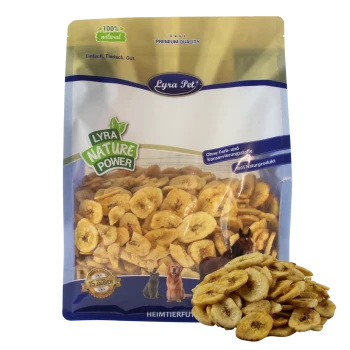 Tüte Lyra Pet Nature Power getrocknete Bananenscheiben für Haustiere, beschriftet mit 100% natürlich, ohne Farbstoffe oder Konservierungsmittel.