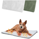 Ein Hund, der auf einer weichen, beheizten Haustierdecke liegt, mit einer weißen und grünen Decke, die oben gezeigt wird. Wärme-Linien sind unter dem Hund dargestellt.