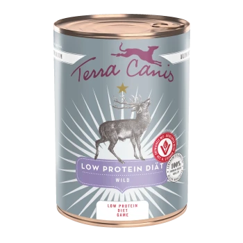 Terra Canis Dosenfutter, graues Etikett mit Hirschabbildung, mit Text 'LOW PROTEIN DIÄT WILD' und 'Low Protein Diet Game'