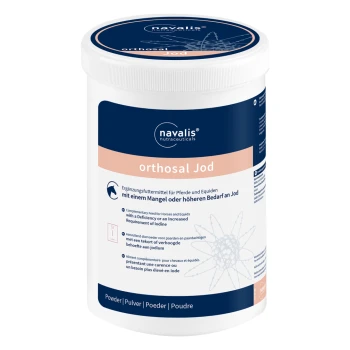 Behälter mit navalis orthosal Jod, einem Ergänzungsfutter für Pferde und Equiden, mit Text in Deutsch, Englisch, Niederländisch und Französisch.