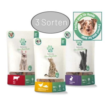 Drei Tierleckerlitaschen in buntem Verpackung: Rind, Huhn & Barsch und Kaninchen, beschriftet mit "100% Fleisch" für Katzen und Hunde.