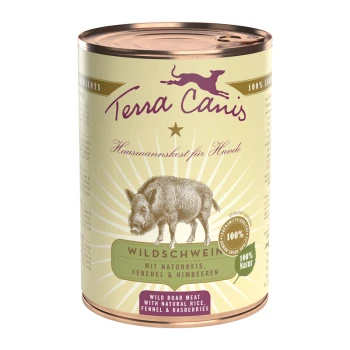 Dosenfutter für Hunde von Terra Canis mit Wildschweinfleisch, natürlichem Reis, Fenchel und Himbeeren; gekennzeichnet als 100% natürlich.