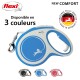 Laisse rétractable bleue pour chien étiquetée "NEW COMFORT" par flexi, disponible en trois couleurs, avec un logo indiquant "FABRIQUÉ EN ALLEMAGNE."