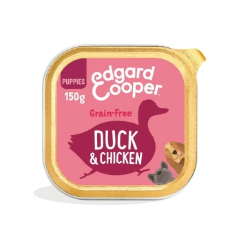 Edgard Cooper graanvrij puppyvoer in een container van 150g, met een roze label met "Eend & Kip" en illustraties van dieren.
