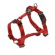 Red adjustable pet harness with black plastic clips and a metal D-ring for leash attachment.