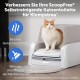 Orange-weiße Katze sitzt auf einer ScoopFree selbstreinigenden Katzentoilette mit deutschem Text zu Geruchskontrolle und einfacher Reinigung.