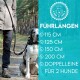 Eine Person, die einen Hund im Wald spazieren führt, mit Text, der die Leinenlängen auflistet: 115 CM, 125 CM, 150 CM, 200 CM, und einer Doppelleine für 2 Hunde.