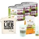 Eine Sammlung von Haustierprodukten: "Ich liebe meine Katze" Hühnerfutterdosen, Katzenleckerlis, Hautpflege-Lösung und eine "KATZEN LIEB HABER" Tragetasche.
