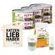 Eine Sammlung von Haustierprodukten: "Ich liebe meine Katze" Hühnerfutterdosen, Katzenleckerlis, Hautpflege-Lösung und eine "KATZEN LIEB HABER" Tragetasche.