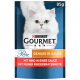Witte kat met groene ogen op een blauwe achtergrond, met een verpakking van Purina Gourmet kattenvoer, 85g, gelabeld 'Genuss in Sauce' met rundvlees.