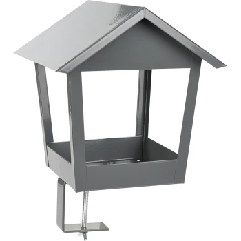 Gray metal bird feeder with a slanted roof and a clamp for attachment, designed for outdoor use.