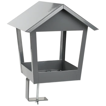 Gray metal bird feeder with a slanted roof and a clamp for attachment, designed for outdoor use.