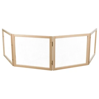 Holztiergitter mit Netzpaneelen, entworfen, um einen sicheren Raum für Haustiere zu schaffen.